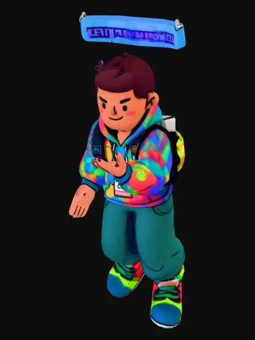 3D model for Stylized cartoon conference attendee runner character, exaggerated proportions, oversized head and hands, expressive face, playful confidence. Wearing modern creative-industry outfit with subtle design details. High energy, readable silhouette. In the same style as the reference image