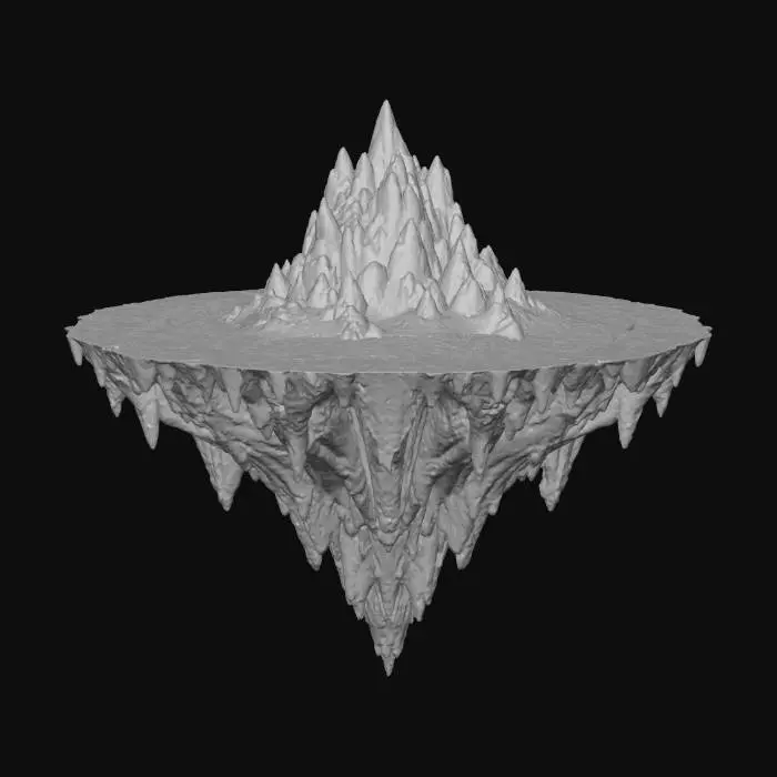 3D model for A floating island with an almost perfect plateau top, tapering to a point at the bottom. The terrain is deserted, with subtle valleys and tiny cracks running across the surface. The surface is textured with rocky formations and smooth gradients, in deep purple and indigo tones. The overall form is stable yet surreal, with clear geometric structure and natural imperfections giving it a dreamy, floaty appearance