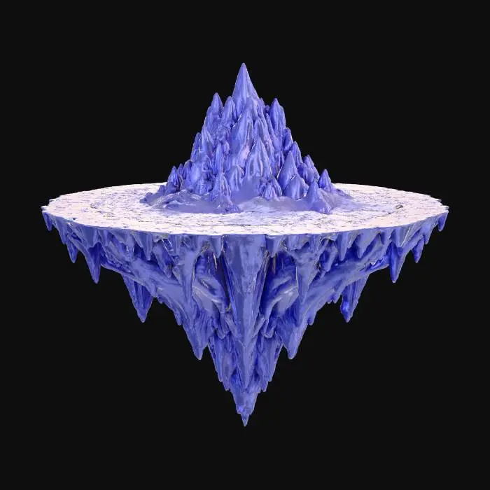 3D model for A floating island with an almost perfect plateau top, tapering to a point at the bottom. The terrain is deserted, with subtle valleys and tiny cracks running across the surface. The surface is textured with rocky formations and smooth gradients, in deep purple and indigo tones. The overall form is stable yet surreal, with clear geometric structure and natural imperfections giving it a dreamy, floaty appearance