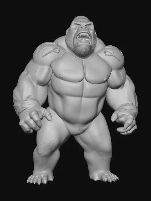 3D model for Statue of a muscular gorilla, carved from black obsidian stone, glossy surface, sharp muscle definition, dramatic lighting, aggressive stance, highly detailed, 8k, masterpiece.
