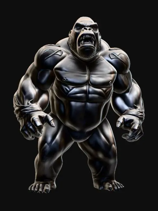 3D model for Statue of a muscular gorilla, carved from black obsidian stone, glossy surface, sharp muscle definition, dramatic lighting, aggressive stance, highly detailed, 8k, masterpiece.