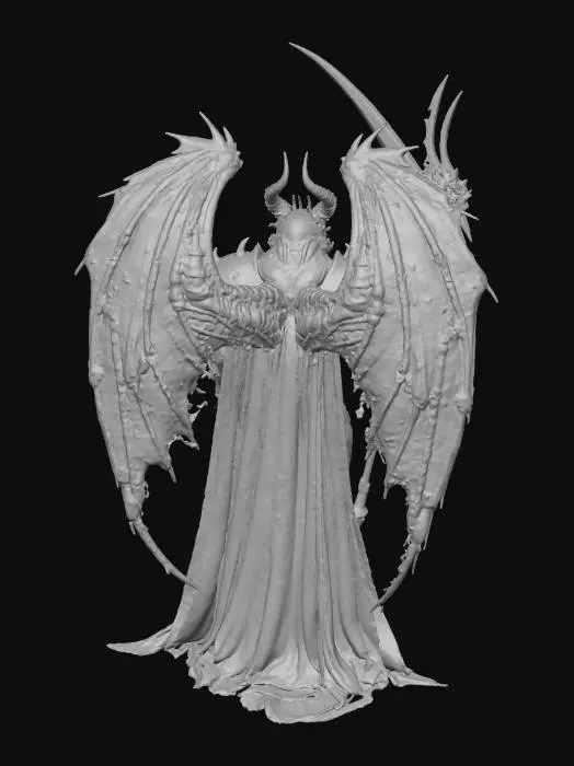 3D model for full body dragon-demon hybrid warrior, VERY LONG LEGS, tall muscular build with elongated lower body, dragon head with red curved horns, glowing red eyes, fangs, large white angel wings spread wide, green and black cybernetic exoskeleton armor with scale patterns fused to body, dragon claws with sharp talons on hands and feet, standing upright, holding MASSIVE ornate scythe diagonally with curved blade HIGH ABOVE head and IN FRONT of wings, scythe at 45 degree angle, handle extending to ground, weapon positioned away from wings, legs 50% of total height, dark atmospheric background, epic fantasy design, highly detailed, full figure head to toe, 3D printable