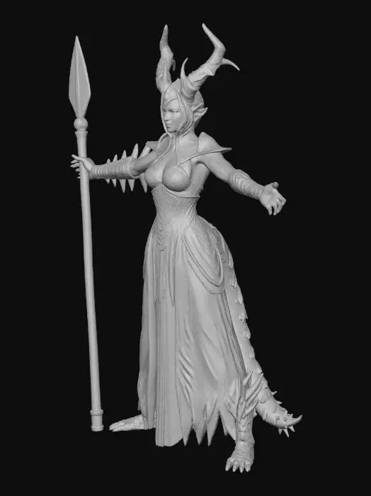 3D model for dragon-demon druid priest HOLDING LARGE WOODEN STAFF, VERY LONG LEGS, muscular dragon head, red horns, white wings, green-black armor, dragon claws, BOTH HANDS GRIPPING TALL DRUID STAFF with carved vines leaves flowers, wooden quarterstaff with crystal orb on top, staff taller than character extending from ground to above head, nature priest with ornate wooden rod, mystical standing pose, staff weapon visible in hands, full body, dark background, highly detailed, 3D printable