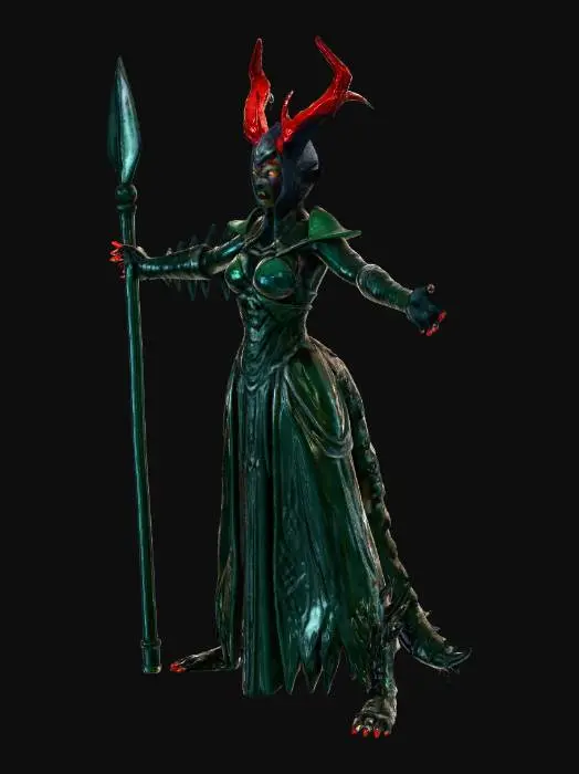 3D model for dragon-demon druid priest HOLDING LARGE WOODEN STAFF, VERY LONG LEGS, muscular dragon head, red horns, white wings, green-black armor, dragon claws, BOTH HANDS GRIPPING TALL DRUID STAFF with carved vines leaves flowers, wooden quarterstaff with crystal orb on top, staff taller than character extending from ground to above head, nature priest with ornate wooden rod, mystical standing pose, staff weapon visible in hands, full body, dark background, highly detailed, 3D printable