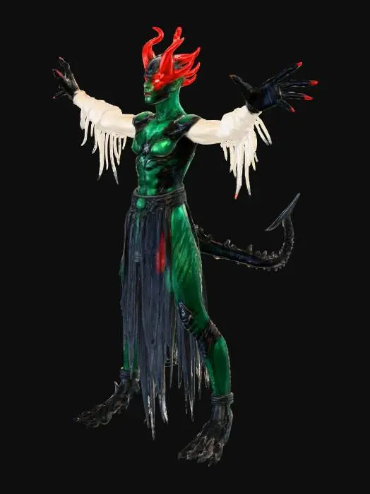 3D model for dragon-demon hybrid druid priest with VERY LONG LEGS, tall muscular build with elongated lower body, dragon head with red curved horns, glowing eyes, large white angel wings spread, green-black cybernetic exoskeleton armor with scales decorated with natural motifs, dragon talons, standing in mystical pose, holding tall ornate druid staff with nature patterns, wooden staff with vines leaves flowers carved into surface, crystal orb or nature symbol at top, staff planted on ground, priestly robes flowing over armor, nature priest aesthetic, legs 50% of height, mystical forest background, epic fantasy druid design, highly detailed, full body, 3D printable