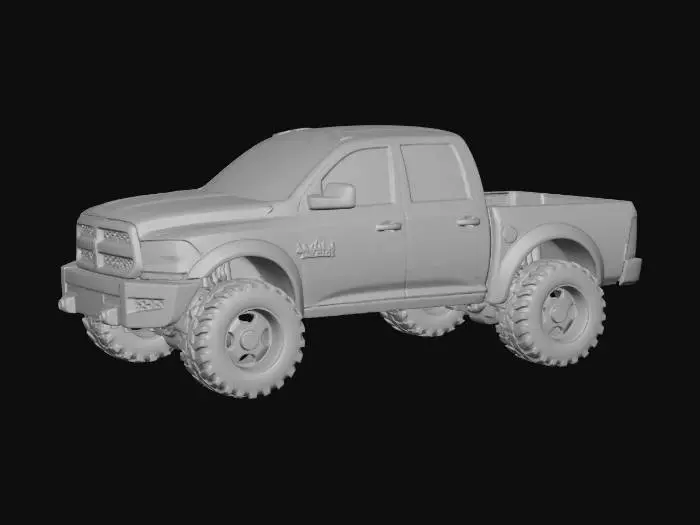 3D model for LEGO-style stylized 2014 Ram 1500 pickup truck, widebody cartoon stance, exaggerated proportions, brick-built aesthetic, clearly visible LEGO studs, tiles, and slopes.

Widebody conversion using oversized brick fender flares, extra-wide stance, lowered street posture, deep-dish LEGO-style wheels, thick cartoon tires built from stacked cylindrical brick geometry.

Front design inspired by 2014 Ram 1500, simplified into LEGO forms: blocky grille, studded hood, square-friendly headlights, smooth tile accents.

LEGO model kit construction, fully modular and brick-authentic:
• Brick-built body sections
• Separate widebody fender modules
• Hood section (hinged LEGO-style)
• Front and rear bumper modules
• Brick chassis plate
• Interior built from studs and tiles (seats, dashboard, steering wheel