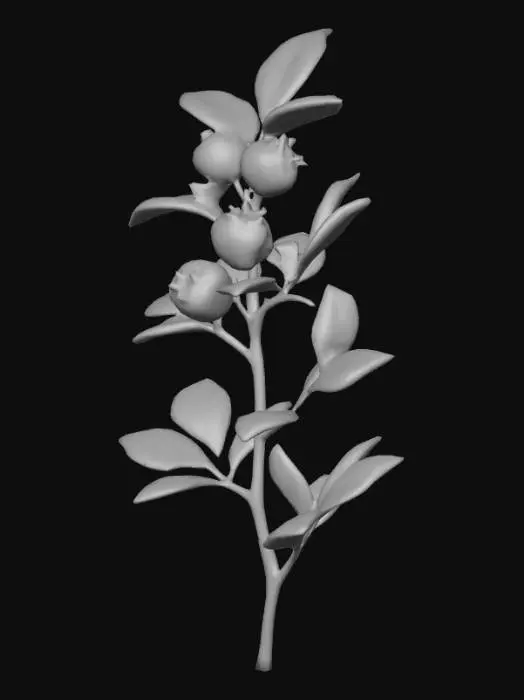 3D model for "Finnish wild blueberry (mustikka), low-growing shrub, small purple berries clustered on branches, green oval leaves, growing in Finnish forests and bogs, low-poly 3D model, 2000-3000 polygons, simplified berry texture, GLB format, natural color palette"