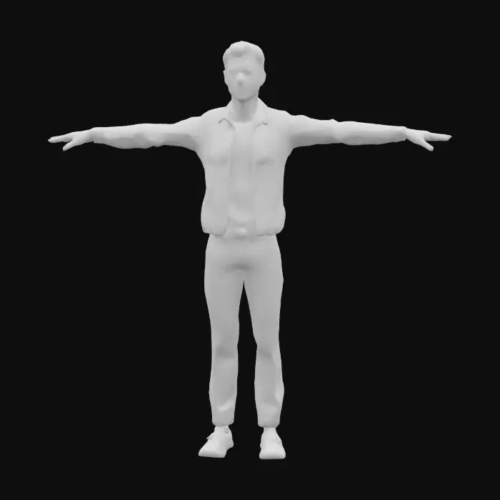 3D model for A realistic young man in spring outfit, wearing a light jacket and trousers, casual business look, standing in an urban architectural setting, full-body, photorealistic, in symmetric T-pose for rigging
