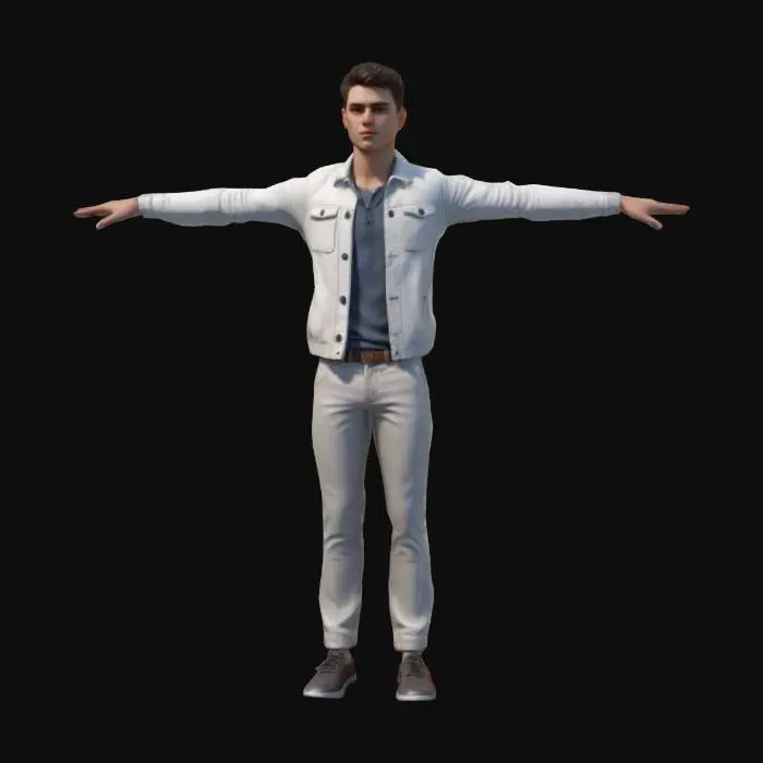 3D model for A realistic young man in spring outfit, wearing a light jacket and trousers, casual business look, standing in an urban architectural setting, full-body, photorealistic, in symmetric T-pose for rigging
