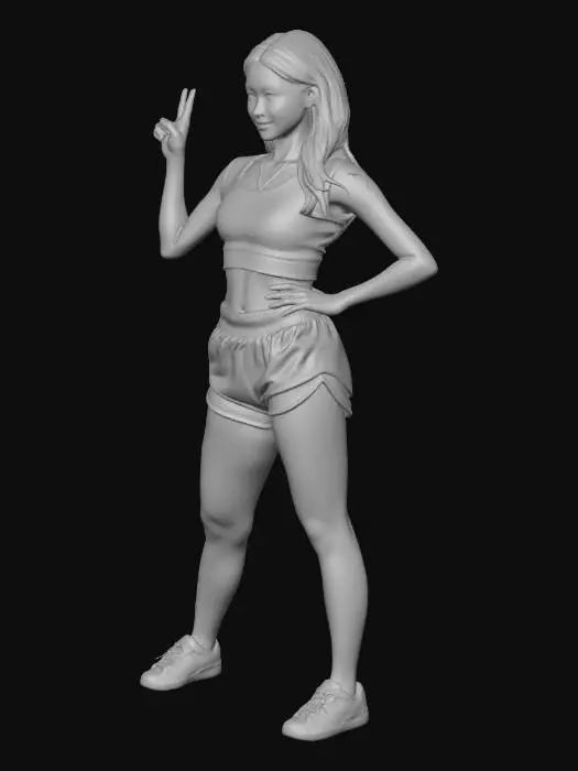 3D model for A full-body 3D character of a sporty Korean-style female runner. She has realistic beautiful soft Korean-inspired face, natural makeup, clear glowing skin, sharp but elegant facial features. Long dark brown hair tied in a sporty half-up style (not a high ponytail, more natural and slightly loose, athletic look).

She is wearing a modern sporty running outfit in pink tones: fitted pink running crop top (non-revealing), high-waist pink running shorts, lightweight running shoes in matching pink and white color palette.

Her pose is confident and model-like: standing upright with both hands on her waist, one knee slightly bent, relaxed but powerful posture like a sports brand model photoshoot.

Athletic body proportion, slim but toned runner physique.

Style: semi-realistic 3D character, clean
