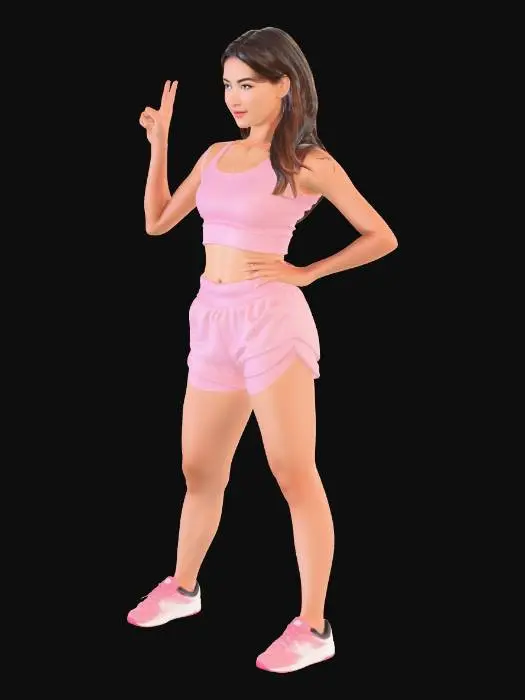 3D model for A full-body 3D character of a sporty Korean-style female runner. She has realistic beautiful soft Korean-inspired face, natural makeup, clear glowing skin, sharp but elegant facial features. Long dark brown hair tied in a sporty half-up style (not a high ponytail, more natural and slightly loose, athletic look).

She is wearing a modern sporty running outfit in pink tones: fitted pink running crop top (non-revealing), high-waist pink running shorts, lightweight running shoes in matching pink and white color palette.

Her pose is confident and model-like: standing upright with both hands on her waist, one knee slightly bent, relaxed but powerful posture like a sports brand model photoshoot.

Athletic body proportion, slim but toned runner physique.

Style: semi-realistic 3D character, clean