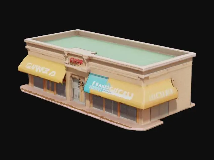 3D model for outdoor strip mall building, just the building and interior, doorways are empty without doors, windows have no glass and are only the frames, very inviting restaurant places with signs, no people