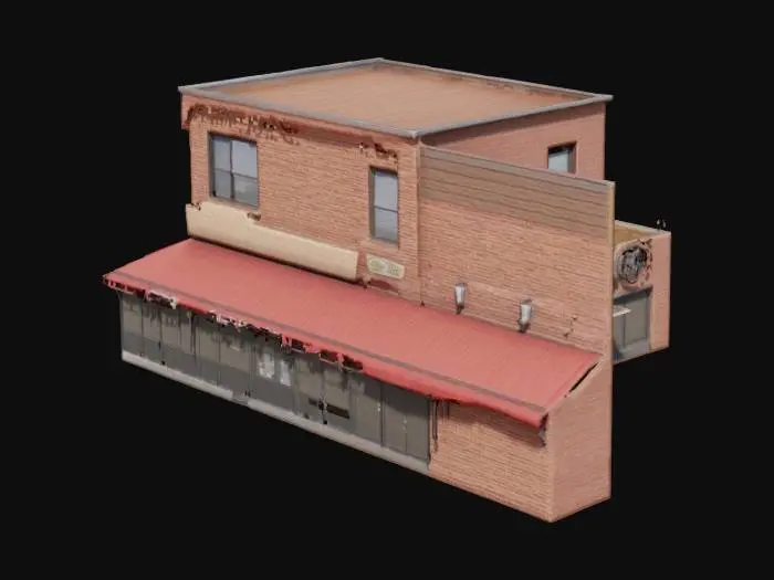 3D model for outdoor strip mall building, just the building and interior, doorways are empty without doors, windows have no glass and are only the frames, very inviting restaurant places with signs, no people