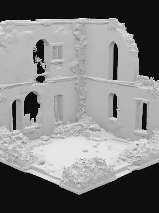 3D model for modular room, isometric view, micro ruined city, overgrown, rubble, tall buildings