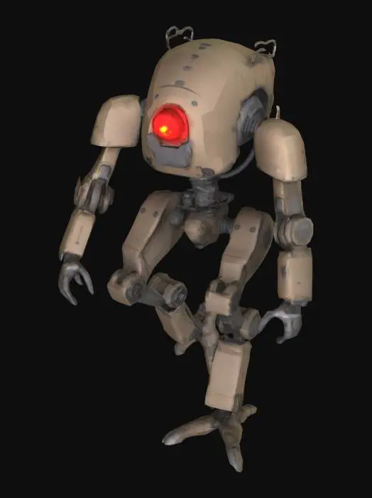 3D model for character model in the default pose, a sentient murder drone, no weapons, bipedal, simple, used and industrial, diesel punk, brutal design