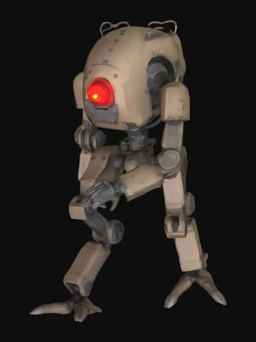3D model for character model in the default pose, a sentient murder drone, no weapons, bipedal, simple, used and industrial, diesel punk, brutal design