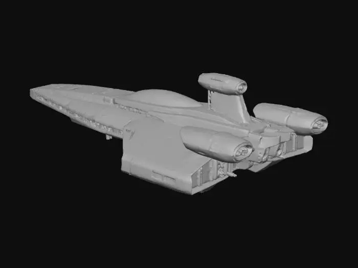 3D model for A futuristic science fiction spaceship, sleek and advanced design, inspired by classic sci-fi movies, metallic hull with glowing panels, high-tech cockpit, detailed engines with neon lights, modular structure with wings and thrusters, cinematic lighting, highly detailed, realistic 3D model suitable for games or animation, isolated on transparent background