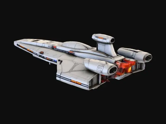 3D model for A futuristic science fiction spaceship, sleek and advanced design, inspired by classic sci-fi movies, metallic hull with glowing panels, high-tech cockpit, detailed engines with neon lights, modular structure with wings and thrusters, cinematic lighting, highly detailed, realistic 3D model suitable for games or animation, isolated on transparent background