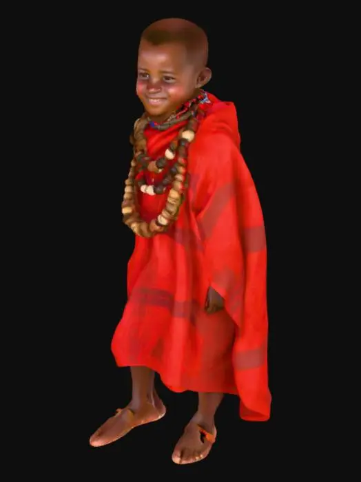 3D model for Create a full-body 3D model of a young African boy wearing a traditional Maasai shuka. The shuka should be bright red with classic Maasai checked patterns, draped naturally around his shoulders and body. The boy should have a joyful expression, with facial features closely matching a painted artwork (rounded cheeks, bright smile, expressive eyes). Barefoot, standing naturally, with proportions of a real child around 8–10 years old. The model should be realistic but stylized enough to keep an artistic feel, suitable for VR storytelling.”
‎Here is a prompt for the painting:A joyful young person is depicted with their face rendered in a grayscale palette, showing subtle highlights and contours of smooth skin. They exhibit a wide, open-mouthed laugh revealing his white set of teeth.