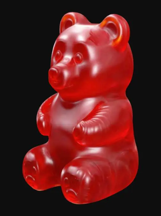 3D model for shiny red haribo gummy bear sitting, realistic, 4k.