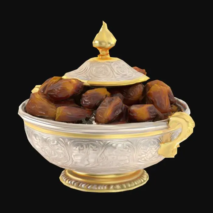 3D model for Dried dates in an ornate silver bowl with a golden lid, realistic texture, suitable for Unity game engine, PBR materials, low poly, optimized for real-time rendering, 3D scan quality."