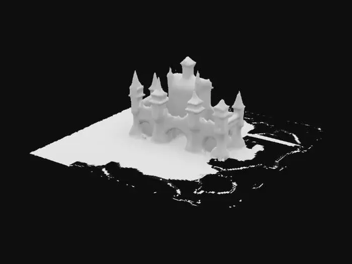 3D model for Epic dark fantasy castle, towering spires of weathered stone, jagged battlements with iron reinforcements, massive gates adorned with ancient runes and chained portcullis. Orcish and elven motifs: glowing arcane sigils, dwarven stonework, banners of forgotten kingdoms. Central keep crowned with a molten lava moat, flanked by gargoyle-guarded towers. Crumbling walls draped in ivy, shadowy arches, narrow windows glowing with torchlight. Foreboding atmosphere, stormy skies, mythic grandeur. Warcraft meets Lord of the Rings, 