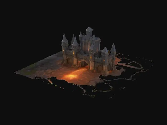 3D model for Epic dark fantasy castle, towering spires of weathered stone, jagged battlements with iron reinforcements, massive gates adorned with ancient runes and chained portcullis. Orcish and elven motifs: glowing arcane sigils, dwarven stonework, banners of forgotten kingdoms. Central keep crowned with a molten lava moat, flanked by gargoyle-guarded towers. Crumbling walls draped in ivy, shadowy arches, narrow windows glowing with torchlight. Foreboding atmosphere, stormy skies, mythic grandeur. Warcraft meets Lord of the Rings, 