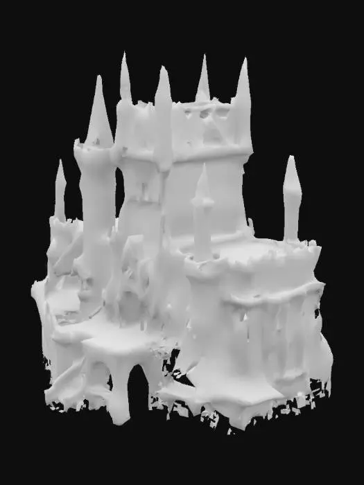 3D model for Epic dark fantasy castle, towering spires of weathered stone, jagged battlements with iron reinforcements, massive gates adorned with ancient runes and chained portcullis. Orcish and elven motifs: glowing arcane sigils, dwarven stonework, banners of forgotten kingdoms. Central keep crowned with a molten lava moat, flanked by gargoyle-guarded towers. Crumbling walls draped in ivy, shadowy arches, narrow windows glowing with torchlight. Foreboding atmosphere, stormy skies, mythic grandeur. Warcraft meets Lord of the Rings, 