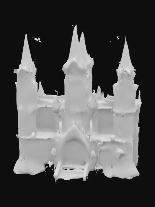3D model for Epic dark fantasy castle, towering spires of weathered stone, jagged battlements with iron reinforcements, massive gates adorned with ancient runes and chained portcullis. Orcish and elven motifs: glowing arcane sigils, dwarven stonework, banners of forgotten kingdoms. Central keep crowned with a molten lava moat, flanked by gargoyle-guarded towers. Crumbling walls draped in ivy, shadowy arches, narrow windows glowing with torchlight. Foreboding atmosphere, stormy skies, mythic grandeur. Warcraft meets Lord of the Rings, 