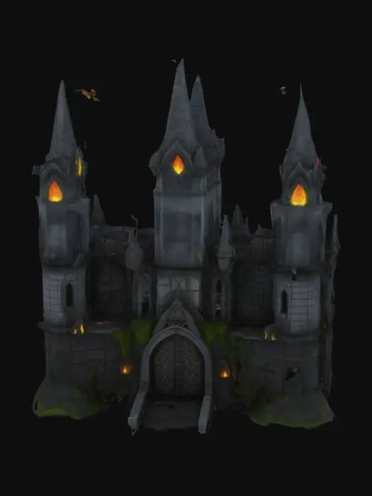 3D model for Epic dark fantasy castle, towering spires of weathered stone, jagged battlements with iron reinforcements, massive gates adorned with ancient runes and chained portcullis. Orcish and elven motifs: glowing arcane sigils, dwarven stonework, banners of forgotten kingdoms. Central keep crowned with a molten lava moat, flanked by gargoyle-guarded towers. Crumbling walls draped in ivy, shadowy arches, narrow windows glowing with torchlight. Foreboding atmosphere, stormy skies, mythic grandeur. Warcraft meets Lord of the Rings, 