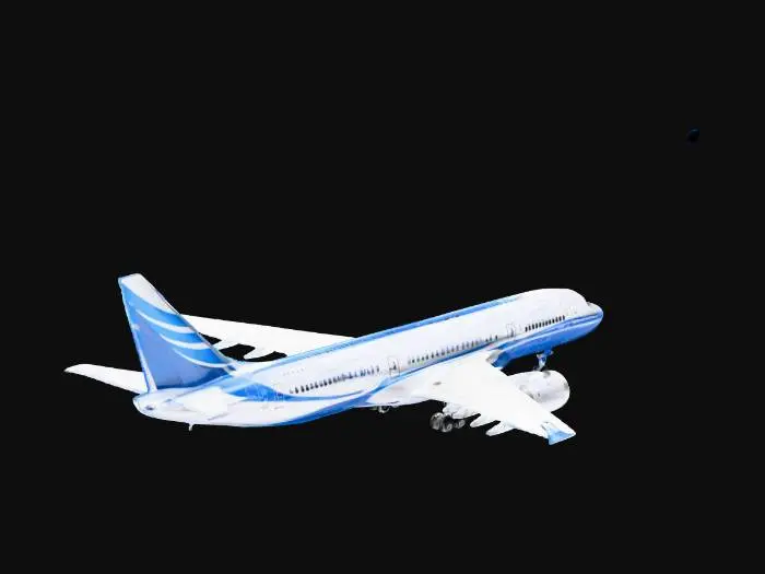 3D model for realistic Boeing 787 style passenger aircraft, white airline livery, blue tail, gray wings, metallic turbofan engines, realistic cockpit windows, photorealistic textures