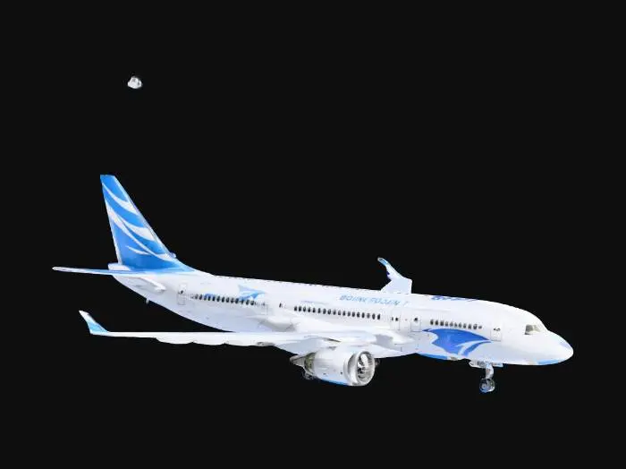 3D model for realistic Boeing 787 style passenger aircraft, white airline livery, blue tail, gray wings, metallic turbofan engines, realistic cockpit windows, photorealistic textures