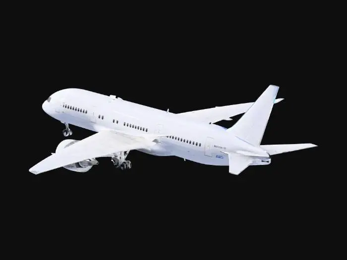 3D model for highly detailed commercial airliner similar to a Boeing 787 Dreamliner, realistic proportions, twin engine widebody aircraft, smooth composite fuselage, swept wings, large turbofan engines, realistic cockpit windows, airline style white livery, photorealistic textures, high poly 3D model