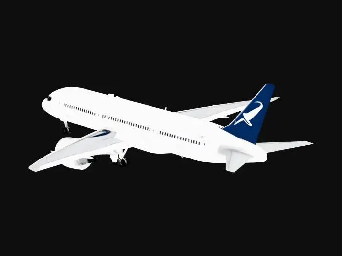 3D model for highly detailed commercial airliner similar to a Boeing 787 Dreamliner, realistic proportions, twin engine widebody aircraft, smooth composite fuselage, swept wings, large turbofan engines, realistic cockpit windows, airline style white livery, photorealistic textures, high poly 3D model