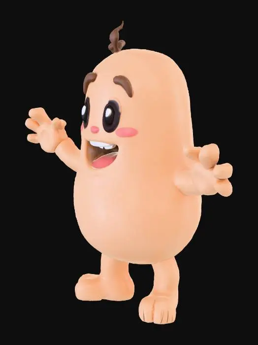 3D model for Give me an anime style planter  with short thick arms to the side and hols in the hand for a rope.  Nothing in the planter but it should be sitting with short thick feet to the forward.  Make sure the planer is  concave to allow for planting and make the facial feathes light and fun.  and givbe the face of it eyebrows