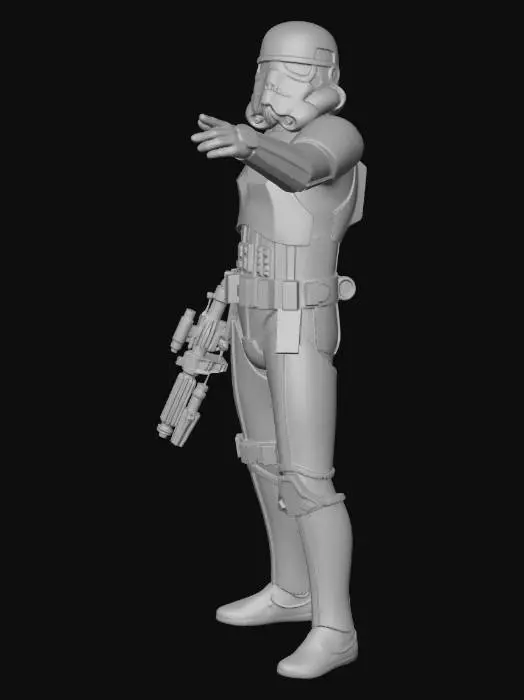 3D model for give me an image of a storm trooper standing  with a blaster  using his other hand to point