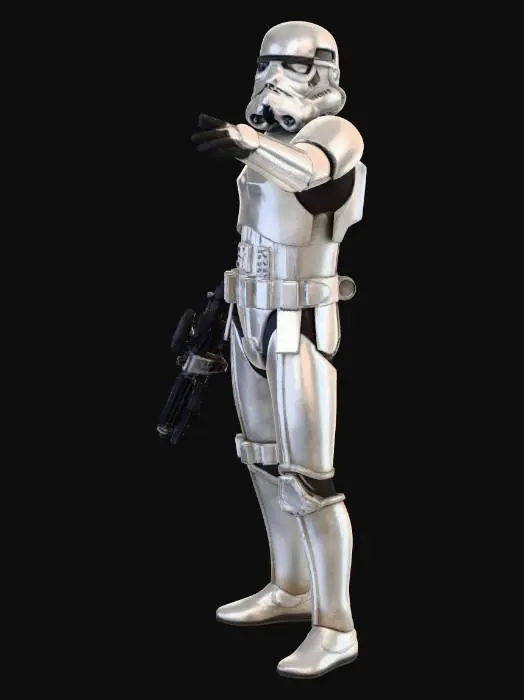 3D model for give me an image of a storm trooper standing  with a blaster  using his other hand to point