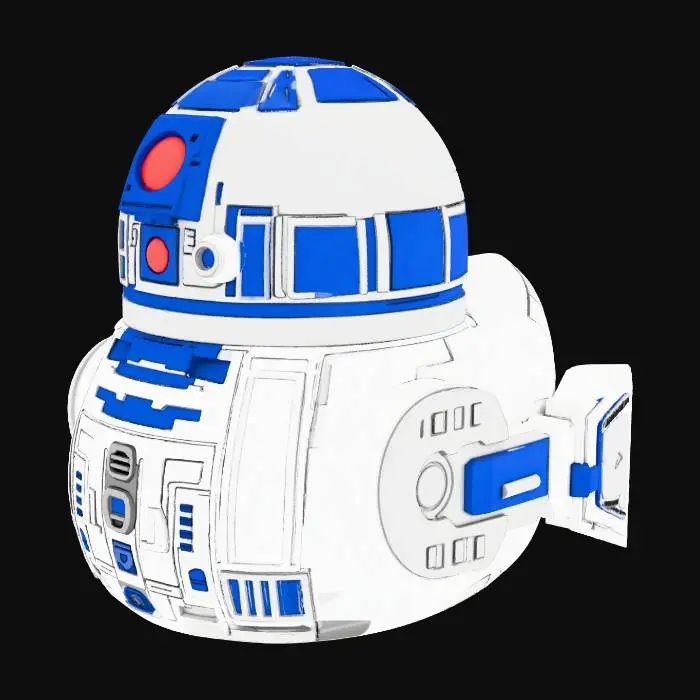 3D model for A hybrid rubber duck and R2-D2 toy designed for clean 4-color 3D printing. main bodyshould be rounded like a rubber duck but include digital channels that would be on an android rubber-duck shape with panels for the wings and head is a simplified R2-D2-style dome with large, clearly separated color regions: metallic silver main dome, bold blue accent panels, one distinct red circular eye on the front. The mechanical panel lines should be shallow and clean, not overly detailed to print well at small scale. Replace duck wings with simplified R2-D2 side panels, using All features should be chunky, easy to slice, and grouped into four major color zones:white(body), silver (droid dome + accents), blue (droid markings), red (sensor). No lighting, no shadows, no background.