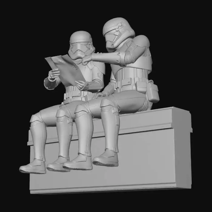 3D model for give me an image 2 star wars storm troopers sitting on the edge of 
looking at a document