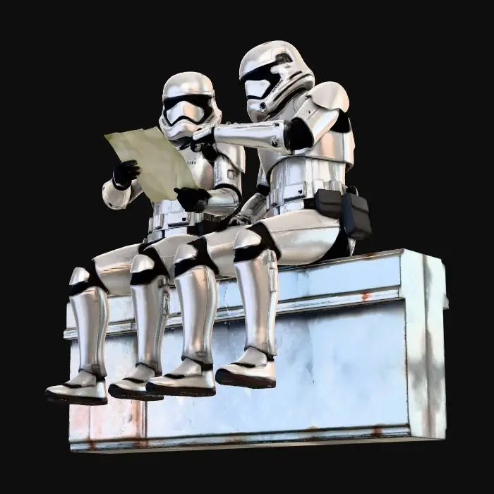 3D model for give me an image 2 star wars storm troopers sitting on the edge of 
looking at a document