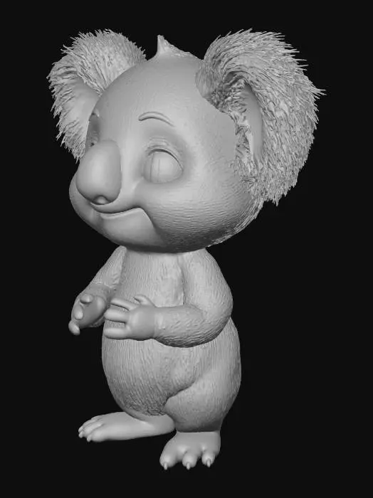 3D model for A baby koala character with soft, rounded proportions, large expressive eyes, tiny nose, and fluffy silver-gray fur. Style inspired by Pixar but with a unique Dream-Valley charm: warm lighting, gentle subsurface scattering on the ears, soft bounce light, and detailed micro-fur around the cheeks. The koala is sitting upright, slightly tilting its head with a curious and playful expression. Short limbs, soft belly, small rounded ears with subtle peach-colored inner fur. Rendered as a high-quality 3D character with smooth stylized materials, clean topology, and cinematic shading. Gentle depth of field, soft studio environment, pastel background. Ultra-cute, friendly, collectible-character appeal.
