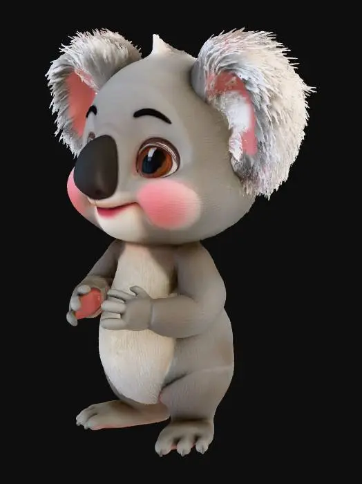 3D model for A baby koala character with soft, rounded proportions, large expressive eyes, tiny nose, and fluffy silver-gray fur. Style inspired by Pixar but with a unique Dream-Valley charm: warm lighting, gentle subsurface scattering on the ears, soft bounce light, and detailed micro-fur around the cheeks. The koala is sitting upright, slightly tilting its head with a curious and playful expression. Short limbs, soft belly, small rounded ears with subtle peach-colored inner fur. Rendered as a high-quality 3D character with smooth stylized materials, clean topology, and cinematic shading. Gentle depth of field, soft studio environment, pastel background. Ultra-cute, friendly, collectible-character appeal.