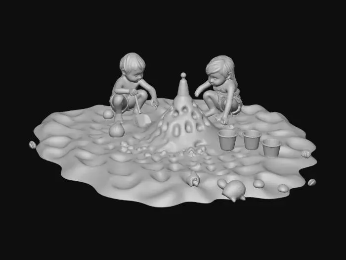 3D model for Full 3D diorama of a sunlit beach scene. In the center, two children crouch in ultra-realistic, warm, fine-grain sand, sculpting an intricate sandcastle featuring ornate towers and a shallow moat. Their hands show high-detail damp sand textures. Surrounding them are scattered plastic shovels and buckets with realistic wear.Behind them, animated gentle waves roll in—thin, glistening sheets of water sliding up the shore, stopping inches from the castle. The ocean displays a realistic gradient from translucent turquoise to deep cobalt. Foreground details include photorealistic seashells and dried seaweed. Atmospheric lighting casts soft, natural shadows, while subtle wind ripples texture the sand and ruffle the children's hair. High-fidelity textures and calm, cinematic lighting