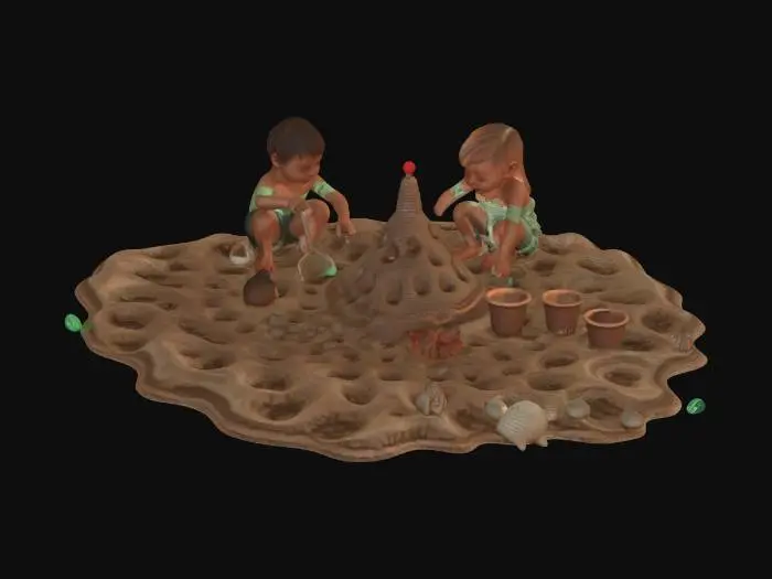 3D model for Full 3D diorama of a sunlit beach scene. In the center, two children crouch in ultra-realistic, warm, fine-grain sand, sculpting an intricate sandcastle featuring ornate towers and a shallow moat. Their hands show high-detail damp sand textures. Surrounding them are scattered plastic shovels and buckets with realistic wear.Behind them, animated gentle waves roll in—thin, glistening sheets of water sliding up the shore, stopping inches from the castle. The ocean displays a realistic gradient from translucent turquoise to deep cobalt. Foreground details include photorealistic seashells and dried seaweed. Atmospheric lighting casts soft, natural shadows, while subtle wind ripples texture the sand and ruffle the children's hair. High-fidelity textures and calm, cinematic lighting