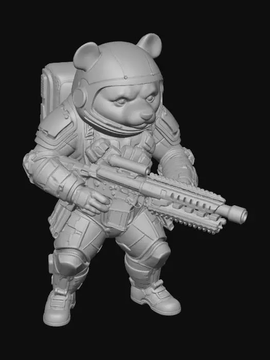 3D model for Detailed lifelike space marine panda wearing a dark spacesuit and a nicely fitting space helmet.. Holding a laser rifle.  Make him tuogh looking and mean