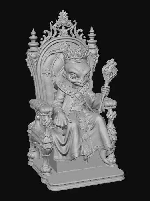 3D model for A creature made of slime. wearing regal outfit with a crown and sceptor. Sitting on a gilded throne