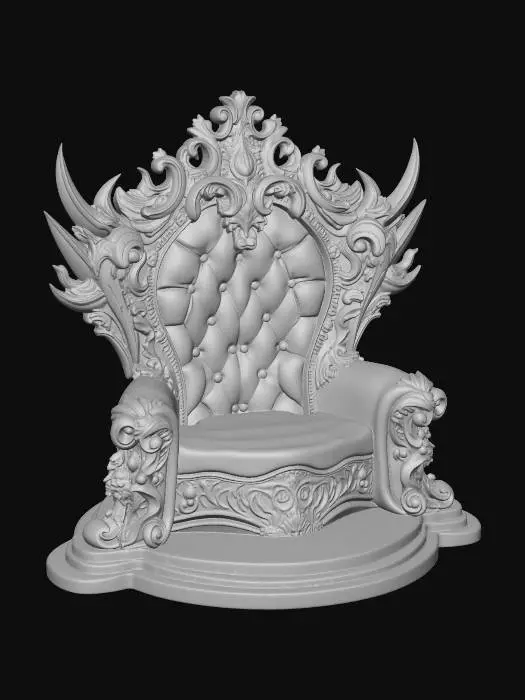 3D model for A large fantasy throne split down the center into two contrasting halves. The left side is radiant gold, ornate and regal, covered in intricate baroque carvings, flowing filigree, and engraved sun motifs. The right side is sleek silver, futuristic and angular, with sharp edges, mechanical paneling, glowing seams, and subtle sci-fi detailing.
The seam where the two halves meet is unstable, with energy cracking, blending, and distorting the materials. The throne is a grand chair split into two atmospheres: the gold side is warm, radiant, and divine with soft glowing light rays while the silver side is cool, dark, and futuristic with faint blue lighting. Symmetrical but with organic imperfections at the center divide. ultra-detailed materials volumetric lighting, depth, and high realism