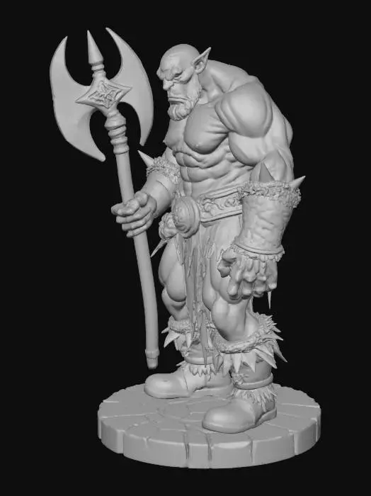 3D model for A muscular angry fantasy orc with ragged armor, bare chested,  and swinging a double headed battle axe. place orc on a round platform with stone path markings, anatomically correct for a humanoid