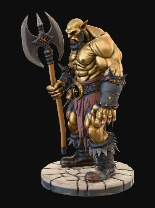 3D model for A muscular angry fantasy orc with ragged armor, bare chested,  and swinging a double headed battle axe. place orc on a round platform with stone path markings, anatomically correct for a humanoid