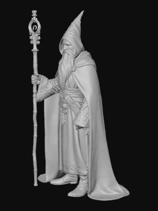 3D model for mystical wizard holding a staff into the air chanting a spell, long flowing robes and a long flowing beard, a look of great power should emanate from his gaze
